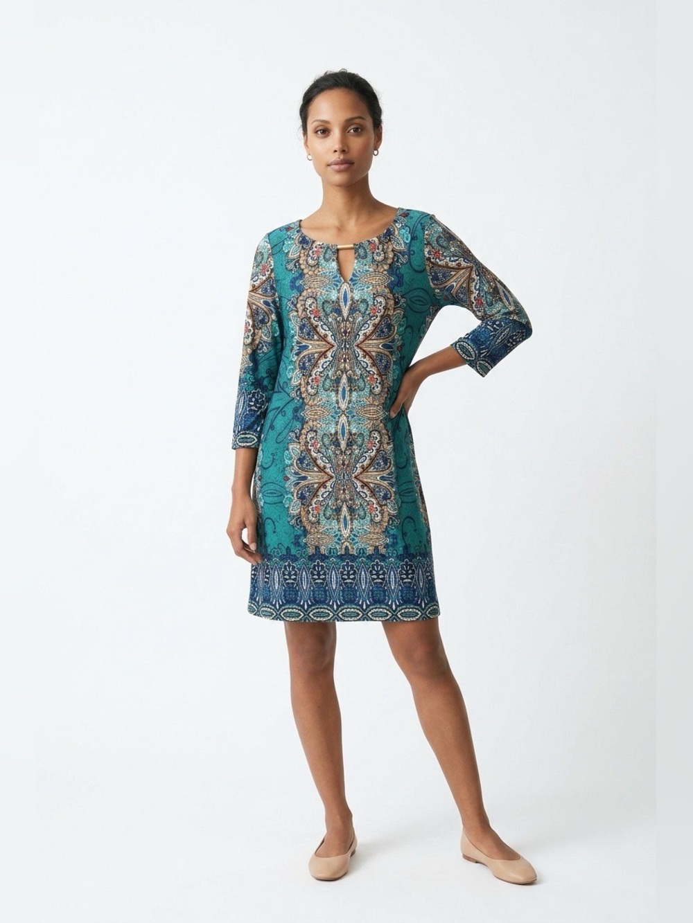 Sunny Leigh Tunic Dress Medium Floral Paisley Stretch 3/4 Sleeve